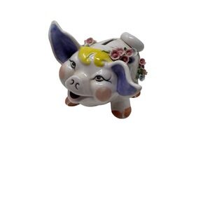 Vintage Lefton China Piggy Bank Hand Painted‎ Applied Flowers Fancy